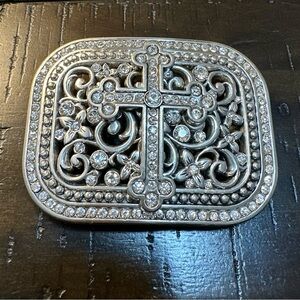 Rhinestone Cross Filigree Belt Buckle - Silver Tone